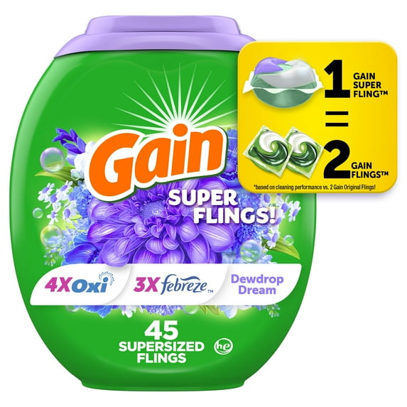 Gain Super Flings Laundry Detergent Pacs, 45 Count, Dewdrop Dream scent, irresistibly clean and fresh washing detergent laundry