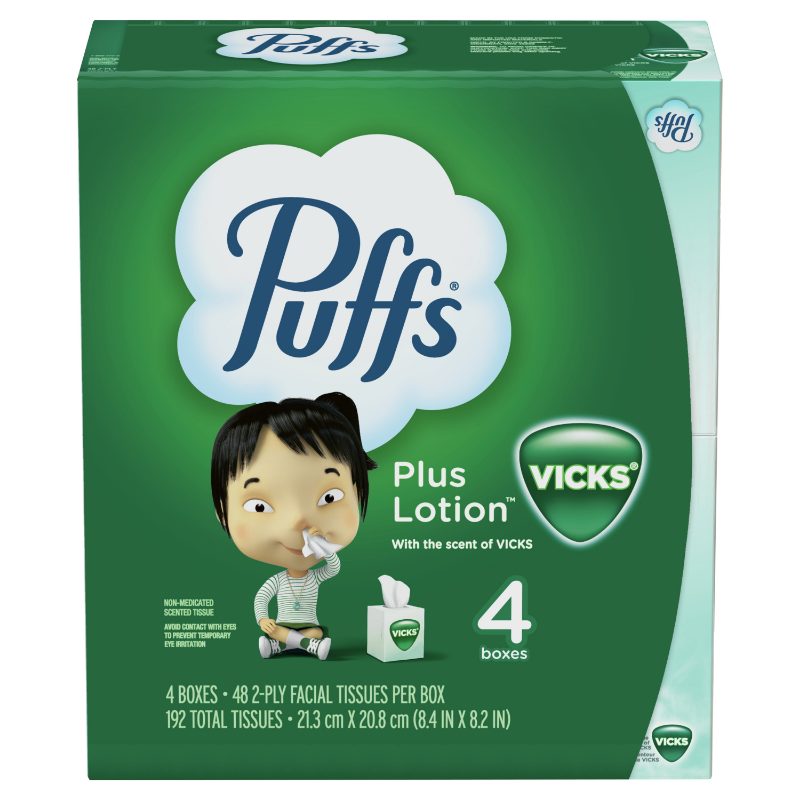 Puffs Plus Lotion with the Scent of Vick's Facial Tissues, 1 Cube, 48 Tissues Per Box