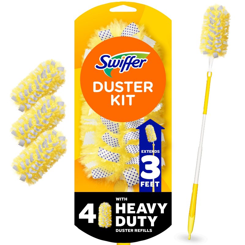 Swiffer Duster Kit with 3 ft Super Extendable Handle, Heavy Duty Dusting Starter Kit with 4 Refills, For Ceiling Fans, Vents and