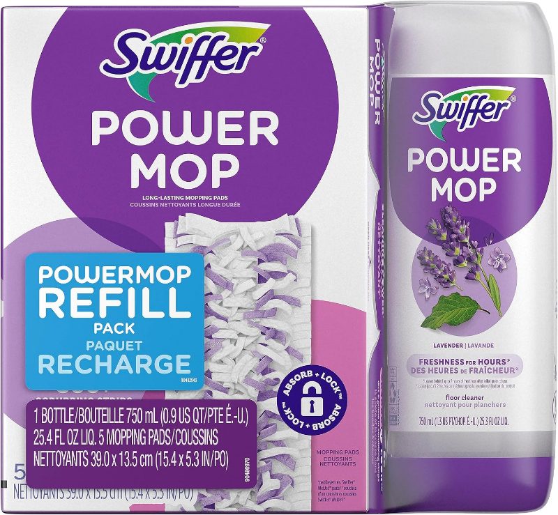 Swiffer PowerMop Multi-Surface Refill Pack for Floor Cleaning, Pack Includes 5 Mopping Pad Refills, 1 Floor Cleaning Solution wi