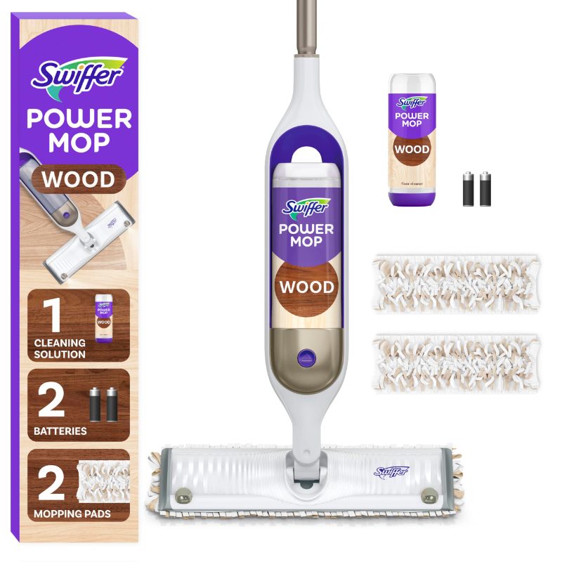 Swiffer PowerMop Wood Mop Kit for Wood Floor Cleaning, QuickDry Solution with Lemon Scent, Mopping Kit Includes PowerMop Wood, 2