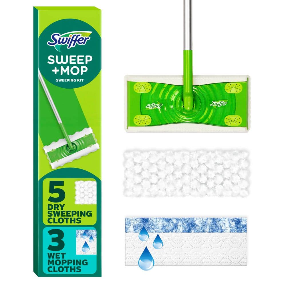 Swiffer Sweep and Mop 2-in-1 Dry + Wet Floor Mopping and Sweeping Kit (1 Sweeper, 5 Heavy Duty Dry Cloths, 3 Heavy Duty Wet Clot