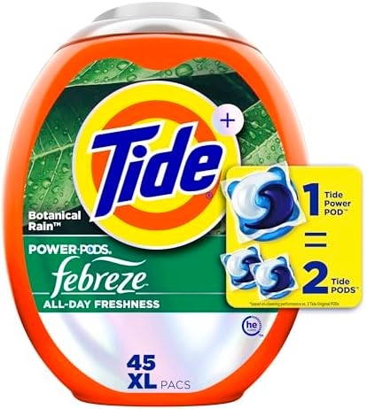 Tide Power Pods with Febreze Laundry Detergent Pacs, 45 Count, Botanical Rain Scent, All-Day Freshness, laundry soap detergent p
