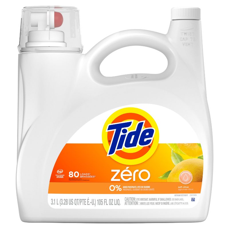 Tide Zero Liquid Laundry Detergent, Soft Citrus Scent, 3.1 L, 80 Loads, CleanScent Technology