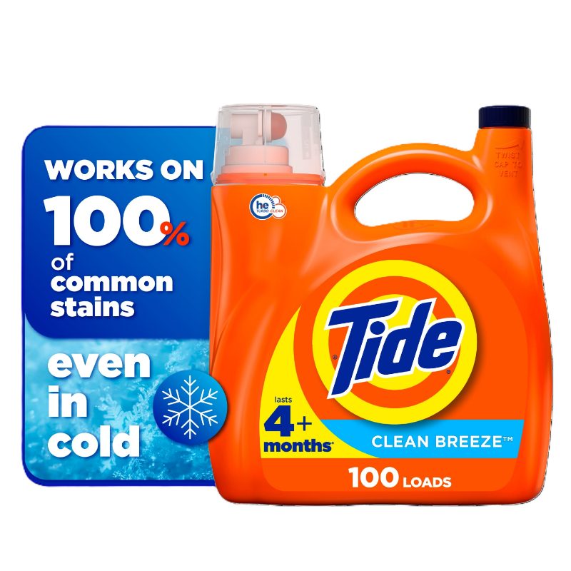 Tide Laundry Detergent Liquid, Clean Breeze Scent, 100 Loads, 3.9 L, Works on 100% of Common Stains