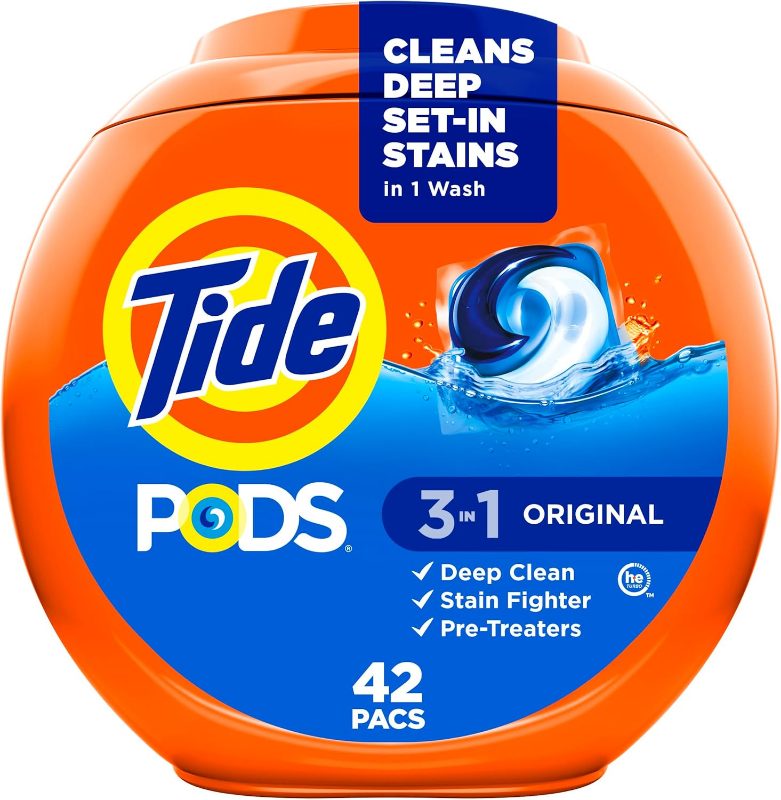 Tide PODS laundry detergent pacs, 3-in-1 Stain Remover, Odor Fighter, Color Protector, 42 Count, HE compatible, Clean Breeze Sce