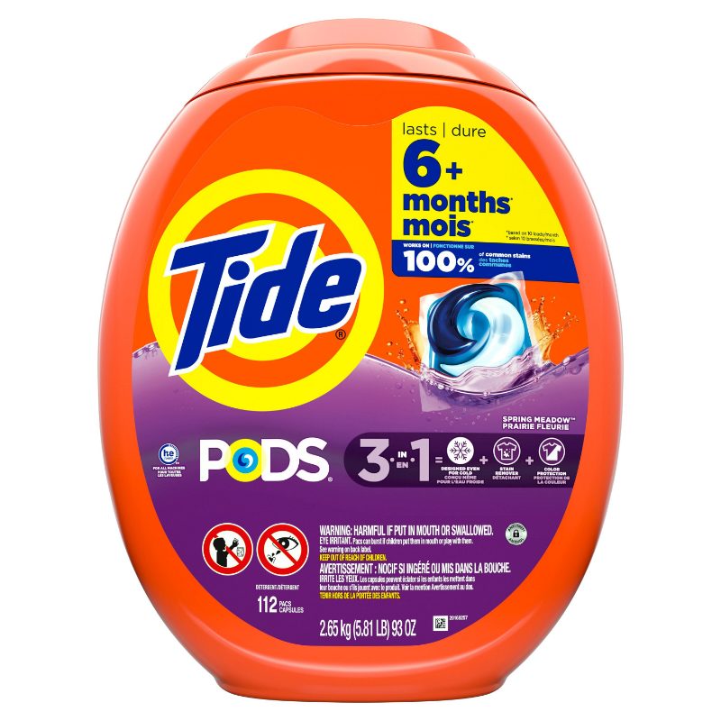 Tide PODS laundry detergent pacs, 3-in-1 Stain Remover, Odor Fighter, Color Protector, 112 Count, HE compatible, Spring Meadow S
