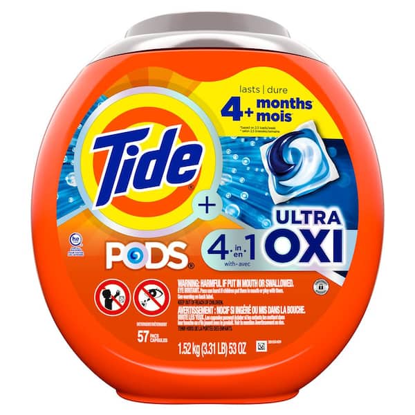 Tide 4-n-1 Ultra Oxi PODS Laundry Detergent Pacs, 57 Count, HE Compatible, Built in Pre-treater for Stains