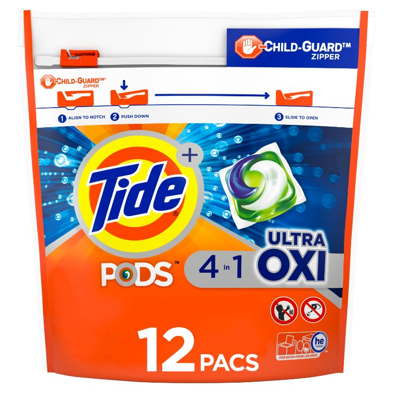 Tide 4-n-1 Ultra Oxi PODS Laundry Detergent Pacs, 12 Count, HE Compatible, Built in Pre-treater for Stains