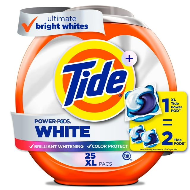 Tide Power PODS White Laundry Detergent Pacs, 25 Count, Brilliant Whitening + Color Protect, laundry soap detergent pacs