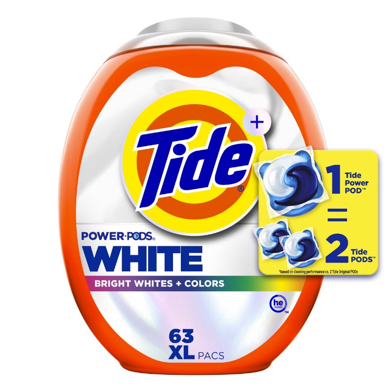 Tide Power PODS White Laundry Detergent Pacs, 63 Count, Brilliant Whitening + Color Protect, laundry soap detergent pacs