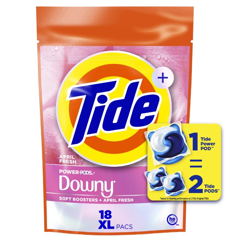 Tide Power PODs + Downy Laundry Detergent Pods, 18 Count, Soft Boosters + April Fresh, Detergent soap pacs for Laundry washing,