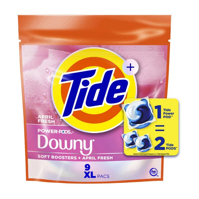 Tide Power PODs + Downy Laundry Detergent Pods, 9 Count, Soft Boosters + April Fresh, Detergent soap pacs for Laundry washing, H