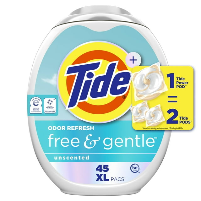 Tide PODS Free and Gentle Coldwater Laundry Detergent Pacs, 45 Count, Hypoallergenic Laundry Detergent Pacs