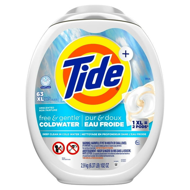 Tide PODS Free and Gentle Coldwater Laundry Detergent Pacs, 63 Count, Hypoallergenic Laundry Detergent Pacs