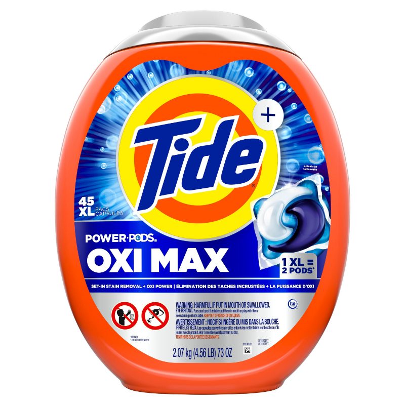 Tide Oxi Max Power PODS Laundry Detergent Pods, 45 Count, Stain Remover Plus Oxi Power, Detergent soap pacs for laundry washing,