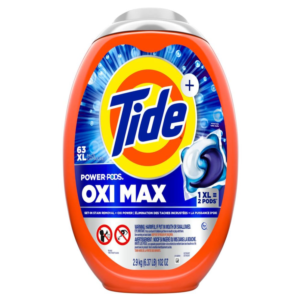 Tide Oxi Max Power PODS Laundry Detergent Pods, 63 Count, Stain Remover Plus Oxi Power, Detergent soap pacs for laundry washing,