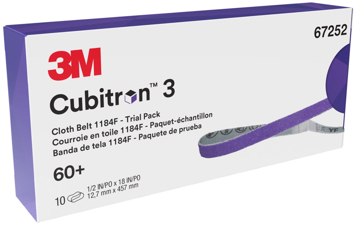 3M™ Cubitron™ 3 Cloth Belt 1184F, 60+ YF-weight, 1/2 in x 18 in (12.7 mm x 457.2 mm), Fabri-lok, Single-flex, 200 ea/Case