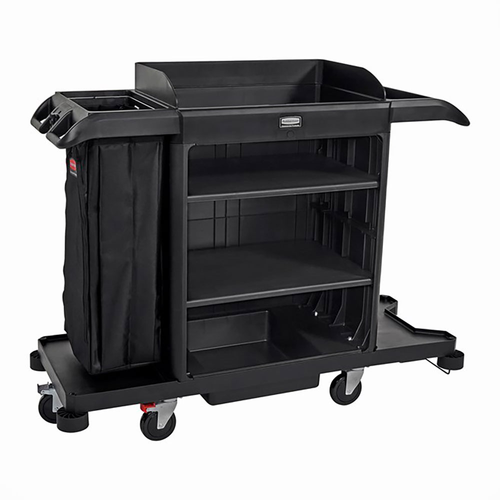 Rubbermaid Commercial Products Full Size Housekeeping Cart, Black, 2 Shelves, Cart with Wheels, Cleaning Organization and Suppli