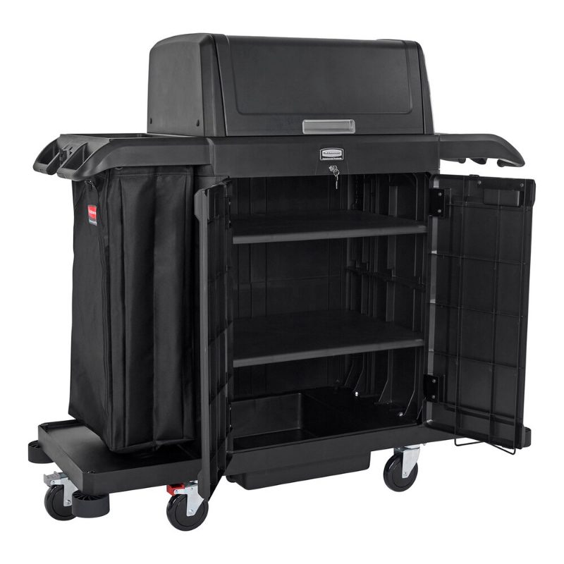 Rubbermaid Commercial Products Full Size Housekeeping Cart with Locking Hood and Doors, Black, 2 Shelves, Cart with Wheels, Lock