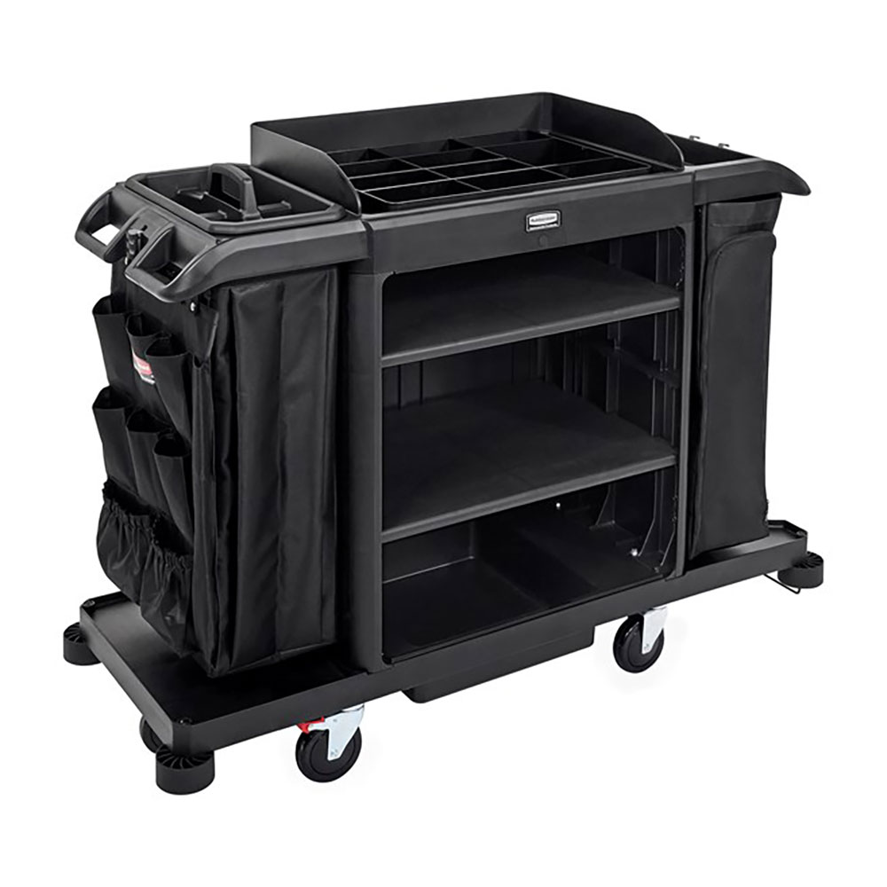 Rubbermaid Commercial Products Full Size Housekeeping Cart with Accessories, Black, 2 Shelves, Cart with Wheels, Includes Cart A