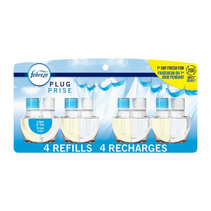Febreze Plug In Air Freshener, Odor-Fighting Scented Oil Refill, Linen & Sky Scent, 4 Refills