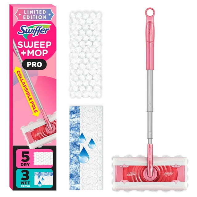 Swiffer Sweep and Mop Pro, LIMITED EDITION PINK, 2-in-1 Floor Mopping and Sweeping Kit, Multi-Surface Kit for Floor Cleaning, Ki