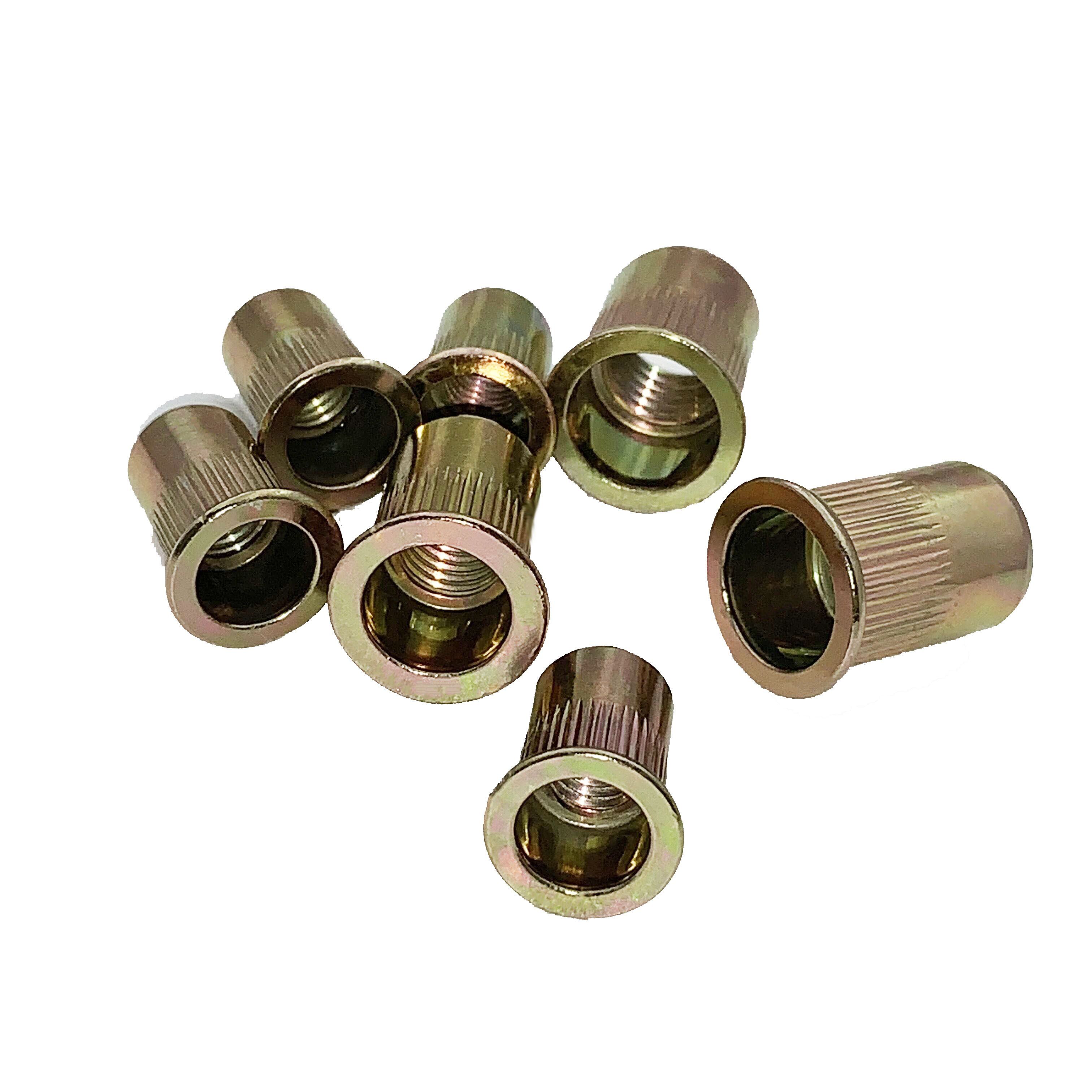 Knurled Rivet Nut, ¼-20-Open End-0.27"-0.165" Grip Range Steel w/ Yellow Zinc For Sled Nose Sheeting
