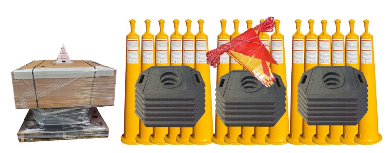Roof Edge Delineator Cone Contractor Bundle (17) Roof Edge Cones, 39" Yellow, (17) 30 lb Rectangular Bases, 105' Section of Penn