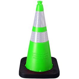 Spring Cone, 28", 3 lb Lime Yellow w/ Reflective MUTCD Compliant White-High Gloss Collars (6" & 4")