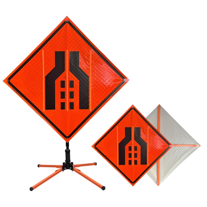 Roll Up Sign, 36x36 Diamond Grade PP HF Transition Symbol (W4-2R/L) Left & Right Merge Symbol, w/Straight Bar Overlay 9x28