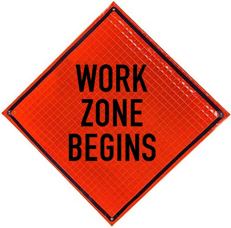 Roll Up Sign, Square 48, White Reflective PP PC Work Zone Begins
