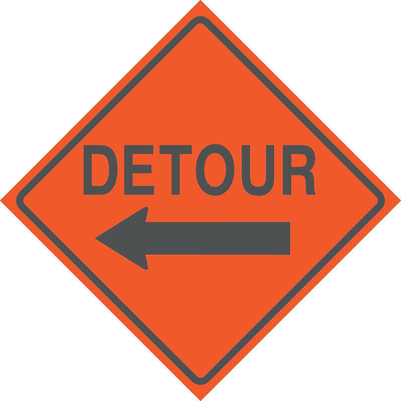 Roll Up Sign, 30x24 Reflective PP PC Detour (Left Arrow), Univ Clamp