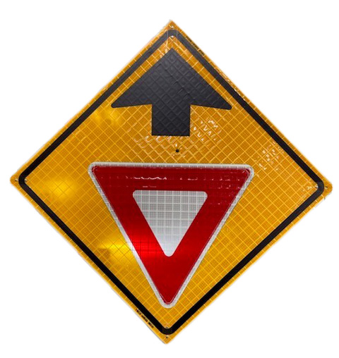 Roll Up Sign, 36x36 Yellow Reflective PP HF Yield Ahead Symbol w/Arrow (W3-2),Yield (Red Ink/White Reflective)