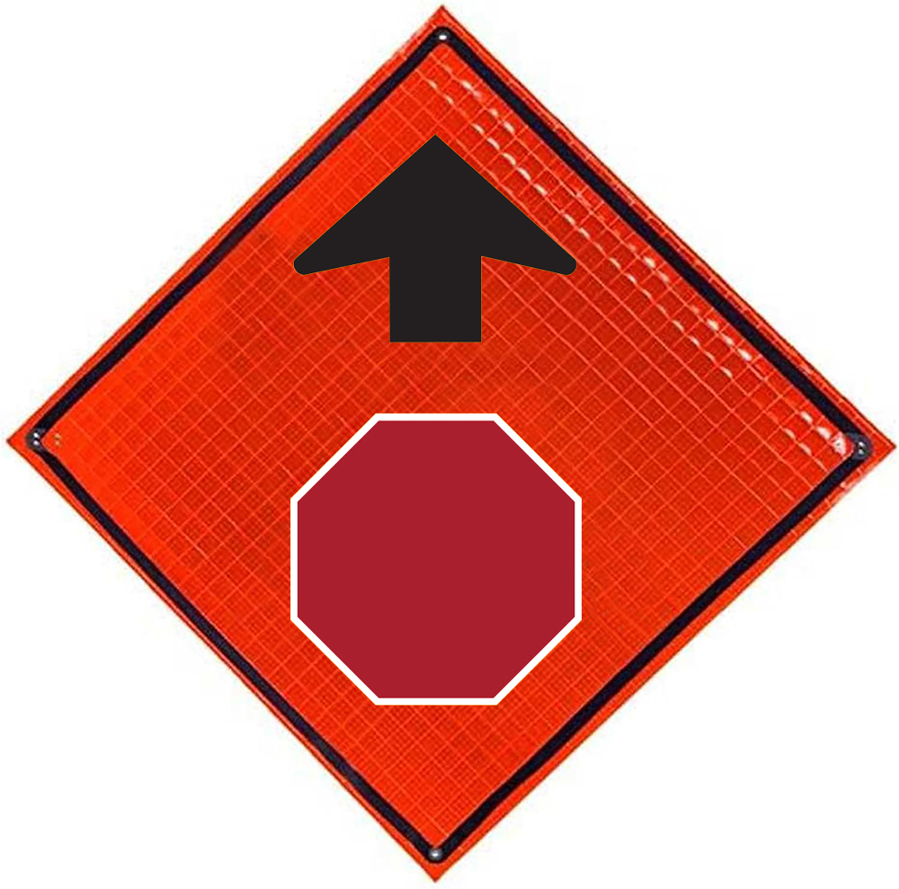 Roll Up Sign, 48x48 Orange Reflective PP HF Yield Ahead Symbol w/Arrow (W3-2),Yield (Red Ink/White Reflective)