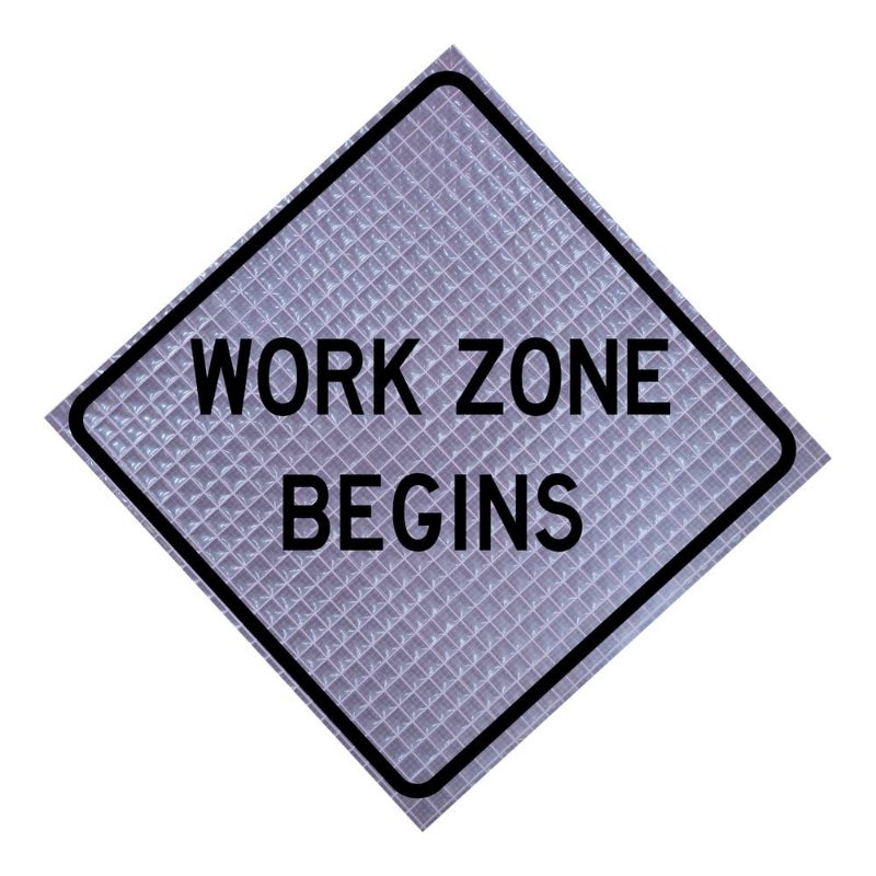 Roll Up Sign, 48x48 White Reflective PP HF Work Zone Begins