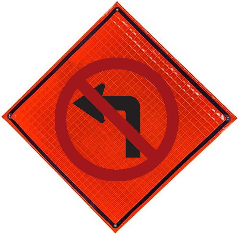 Roll Up Sign, Square 36, White Reflective PP X3 No Left Turn (Symbol, Red and Black Ink)