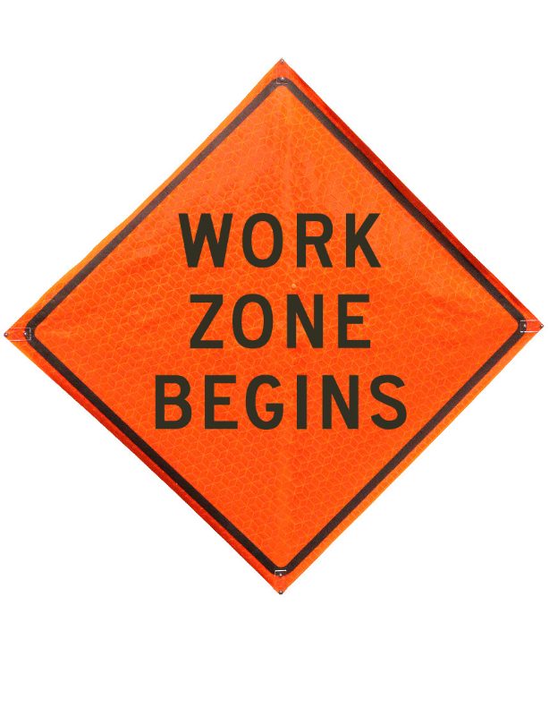Roll Up Sign, 36 Square, White Marathon PP PC Work Zone Begins