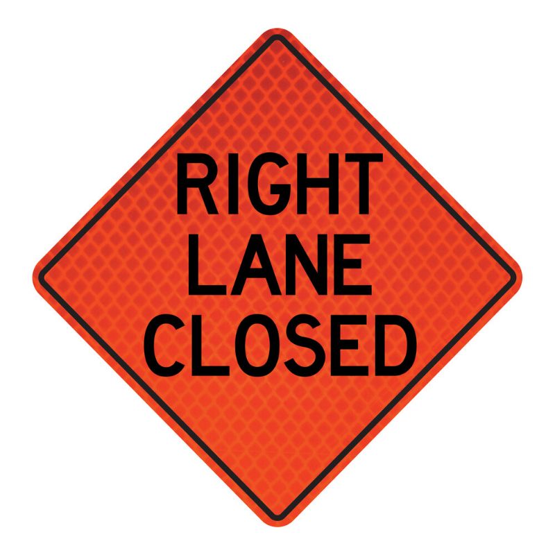 Roll Up Sign, 48x48 Diamond Grade PP HF Right Lane Closed (3 Lines), Velcro around Right 9x28