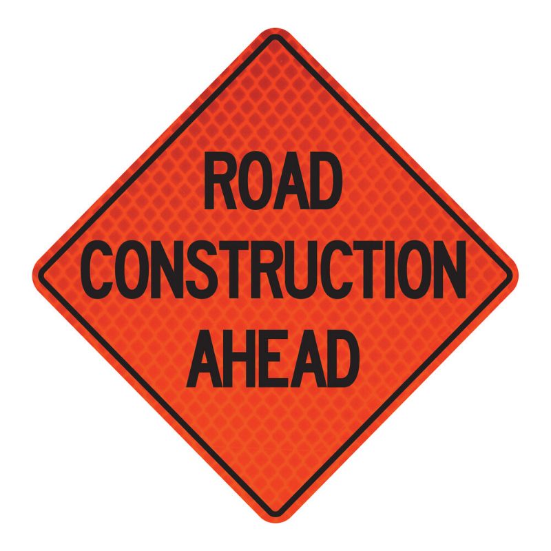 Roll Up Sign, 48x48 Diamond Grade PP HF Road Construction Ahead, Velcro around Ahead 9x30