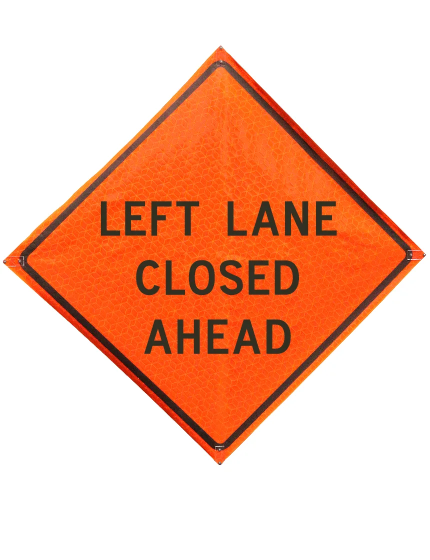 Roll Up Sign, 48x48 Marathon PP HF Left Lane Closed (3 Lines), Velcro around Left 9x28