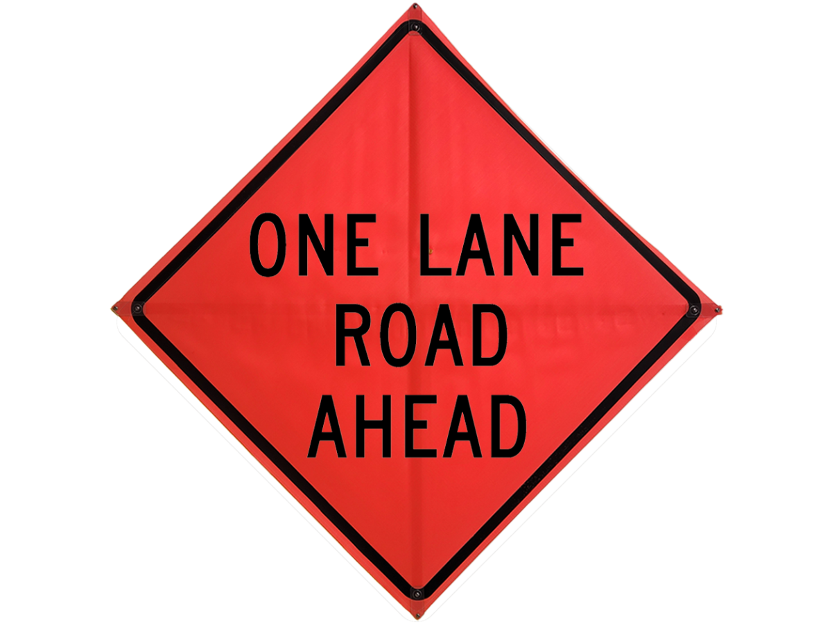 Roll Up Sign, 48x48 Marathon PP HF One Lane Road Ahead (W20-4)
