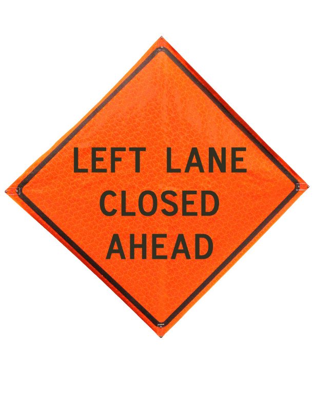 Roll Up Sign, 36x36 Marathon PP HF Left Lane Closed (3 Lines), Velcro around Left 7x22