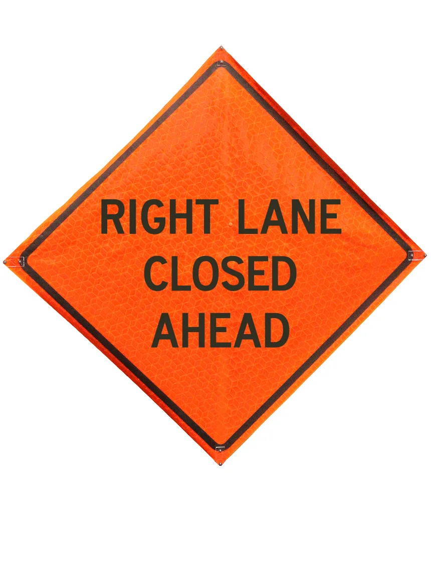 Roll Up Sign, 48x48 Marathon PP HF 2 Right Lanes Closed Ahead (W20-5aR), Velcro around #2