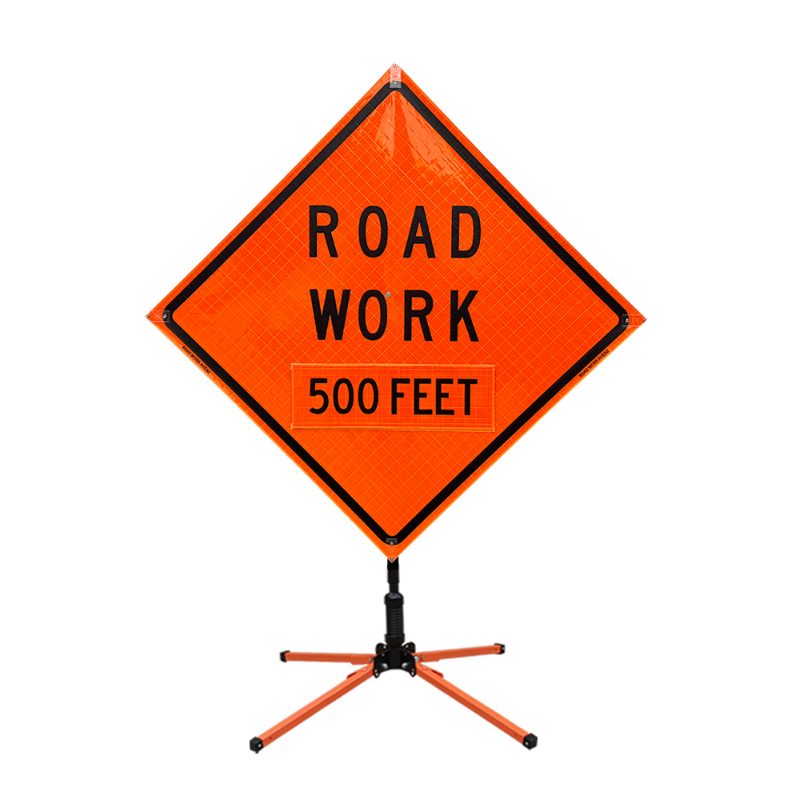 Roll Up Sign, 48x48 Marathon PP HF Road Work Ahead 500 FT