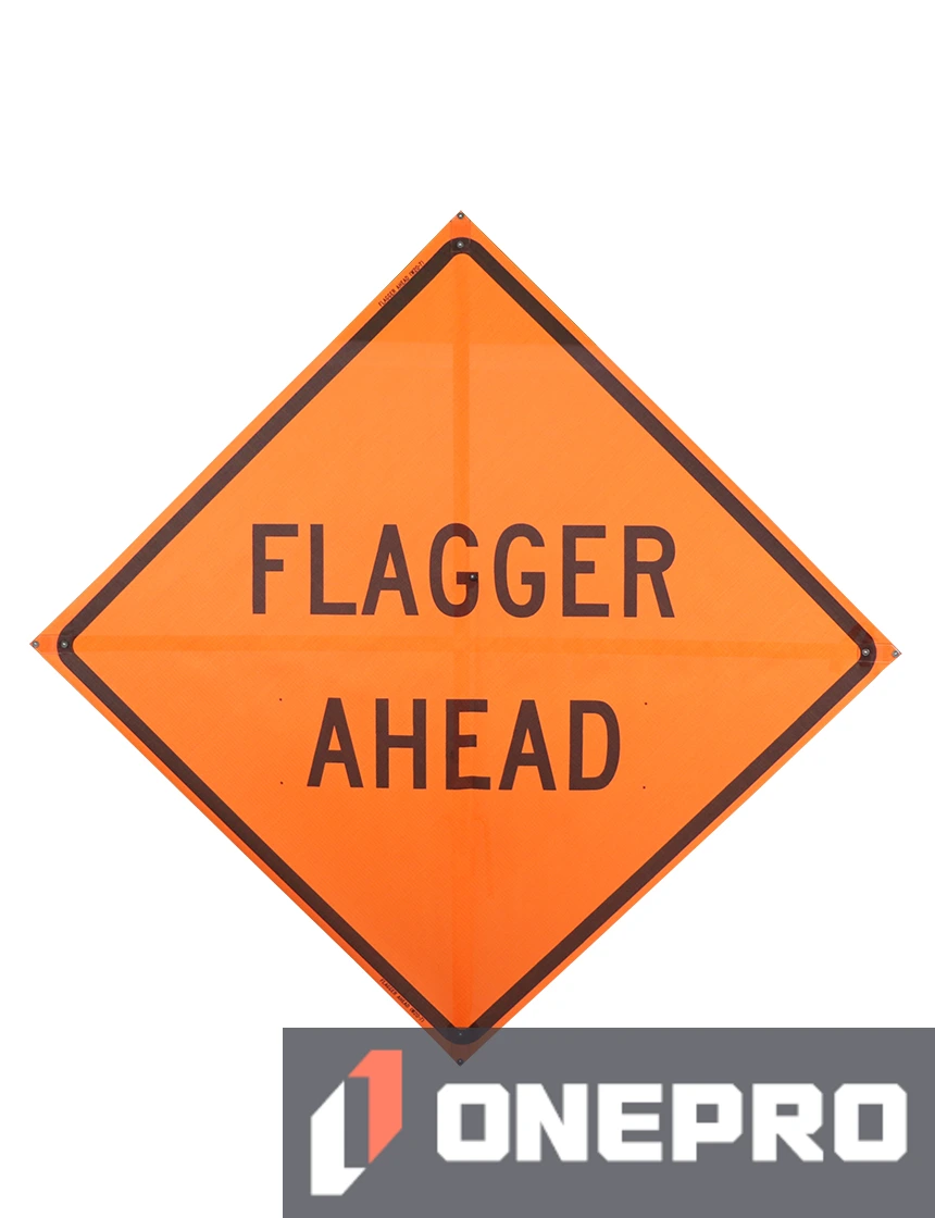 Roll Up Sign, 36x36 Mesh PP HF Flagger Ahead Symbol w/ Paddle (W20-7A)