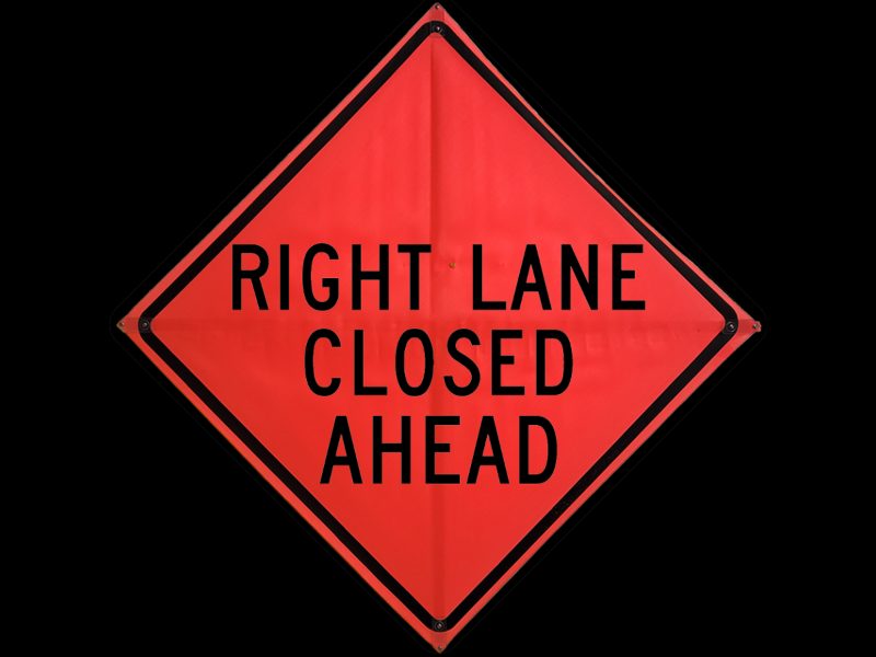 Roll Up Sign, 36x36 Mesh PP HF Right Lane Closed (3 Lines), Velcro around Right 7x22