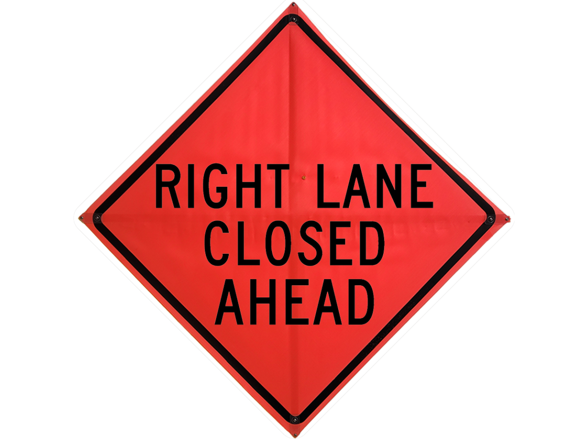 Roll Up Sign, 36x36 Mesh PP HF Right Lane Closed (2 Lines), (W20-5R) with Velcro over Right 8x16