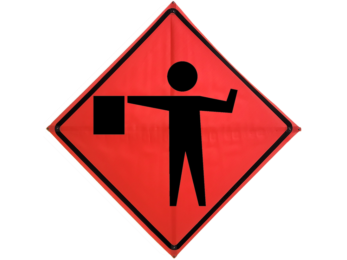 Roll Up Sign, 48x48 Mesh PP HF Flagger Ahead Symbol (W20-7)