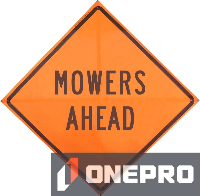 Roll Up Sign, 48x48 Mesh PP HF Mowing Ahead (W21-8)